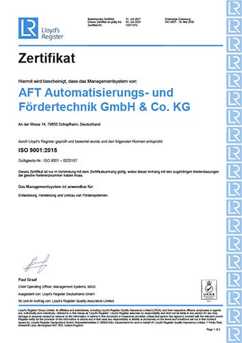 AFT DIN ISO 9001:2015 Zertifikat 2021-24